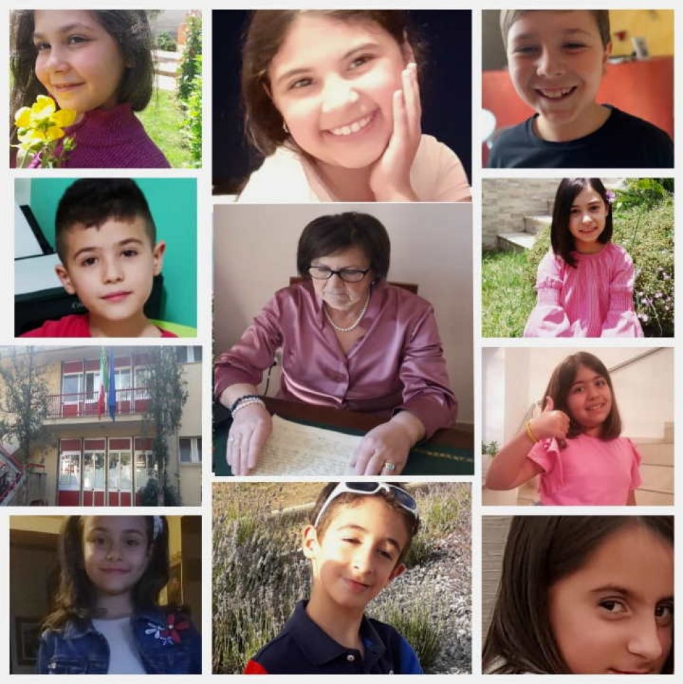 Un collage con la maestra, gli allievi e l&#039;Istituto