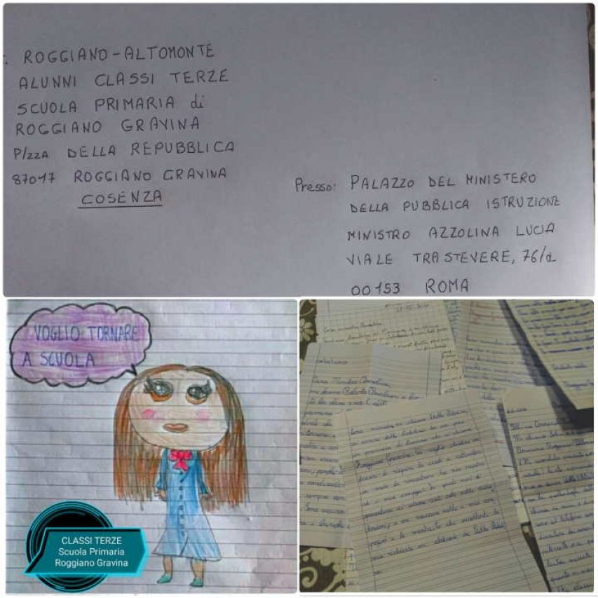 Gli scritti, il disegno e la busta con la quale sono stati inviati i pensieri degli alunni